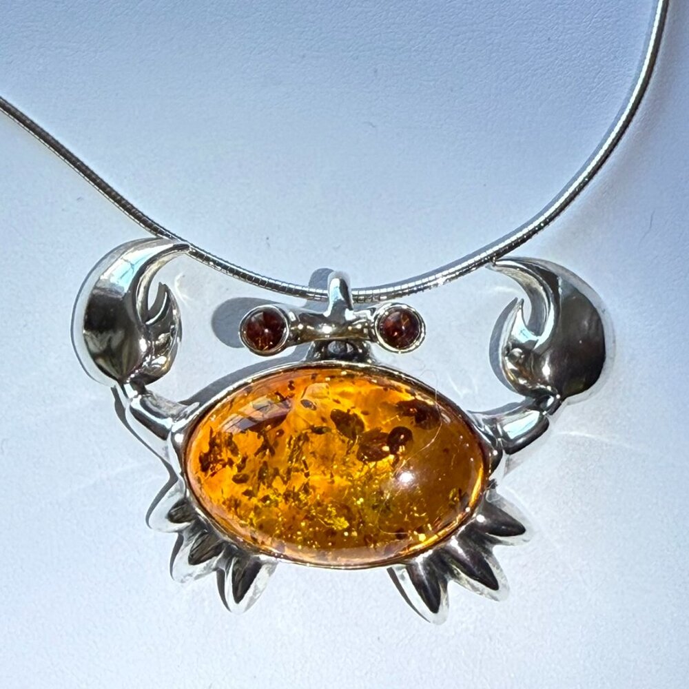 Sterling Silver Baltic Amber Crab on Sterling Snake chain
